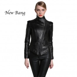 New Bang Womens Genuine Sheepskin Leather Jacket Turn Down Collar Zippered Closure Spring Fashion