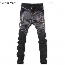 Gurun Vani Mens Skinny Faux Leather Pants Motorcycle Style Stitching Fashion Brand 9 Styles