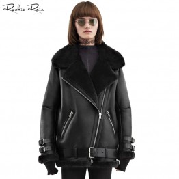 Rockie Rain Womens Oversized Genuine Leather Bomber Jacket Real Sheepskin Shearling Coat