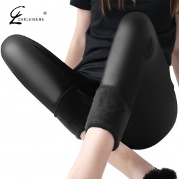 CHRLEISURE Womens Faux Leather Skinny Pants High Elastic Waist Stretch Velvet Fabric Warm Winter Fashion Sizes  S-5XL