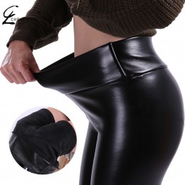 CHRLEISURE Womens Faux Leather Skinny Pants High Elastic Waist Stretch Velvet Fabric Warm Winter Fashion Sizes S-5XL