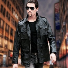VANLED Mens Genuine Leather Jacket Classic Biker Style Mandarin Collar Long Length 