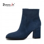 DONNA-IN Womens Genuine Suede Leather Boots Square Toe Ankle Boots Thick High Heel