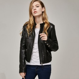 ESCALIER Womens Leather Sheepskin Jacket Mandarin Collar Classic Style Coat 