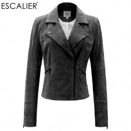 ESCALIER Womens Genuine Leather Motorcycle Jacket Soft Pigskin Suede Top Quality Short Outerwear
