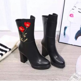 Womens Mid Calf Platform Boots Quality Sexy High Heel Boots Fashion Embroidery Flower