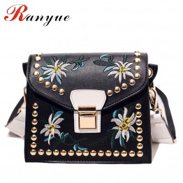 Ranyue Womens PU Leather Messenger Bag Floral and Rivet Pattern Ladies Small Crossbody Purse Designer Shoulder Handbag