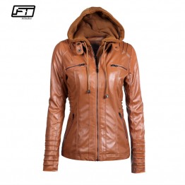 Fitaylor 2018 Womens Hooded Faux Leather Jacket Slim Motorcycle Style Detachable Hat PU Leather Coat Autumn Winter Fashion Plus Sizes Up To 5XL 
