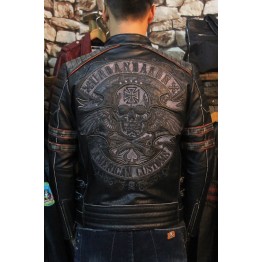 VANLED New Mens Genuine Leather Biker Jacket Vintage Embroidery Skull Pattern 