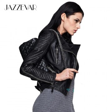 Genuine Leather JAZZEVAR autumn high Fashion street brand style Women real Leather Short Motorcycle Jacket Outerwear top quality32430123534
