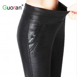 GUORAN Womens Black Faux Leather Pants Crocodile Pattern Stretch PU Leather Leggings High Waist Femme Pantalon Sizes up to 4XL