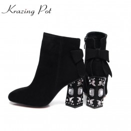 Krazing Pot Womens Winter Suede Ankle Boots Preppy Style Chelsea Boots Square Toe Thick Diamond High Heels