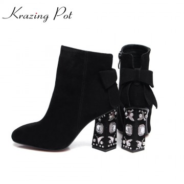 Krazing Pot fashion winter cow suede square toe bowtie thick diamond high heels solid women preppy style ankle Chelsea boots L1332821323248