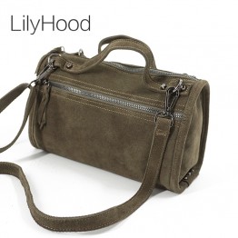 LilyHood Womens Genuine Suede Rivet Shoulder Bag Small Duffel Handbag Leisure Crossbody Bag