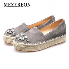 MEZEREON Spring Womens Espadrilles Genuine Leather Platform Shoes  Slip On Rhinestone Flats 