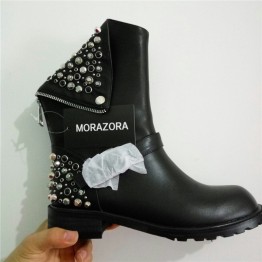 MORAZORA Womens High Quality Leather Ankle Boots Rivets Square Heels Autumn Winter Footwear