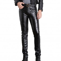 Mens Black PU Leather Skinny Pants Motorcycle Style Slim Fit Trousers Full Length Sizes 28-36