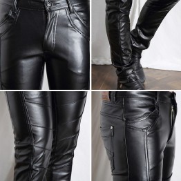 Mens Black PU Leather Skinny Pants Motorcycle Style Slim Fit Trousers Full Length Sizes 28-36