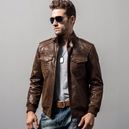 FLAVOR Mens Genuine Leather Motorcycle Jacket Cotton Lining Warm Spring Autumn Winter Coat