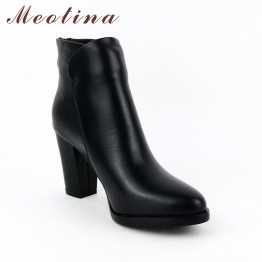 Meotina Womens Genuine Leather Zip Ankle Boots Thick High Heel Handmade Martin Boots Autumn Winter Footwear