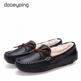 dobeyping New Genuine Leather Womens Boat Shoes Warm Slip On Moccasins Plush Fur Loafers Winter Flats Sizes 35-41