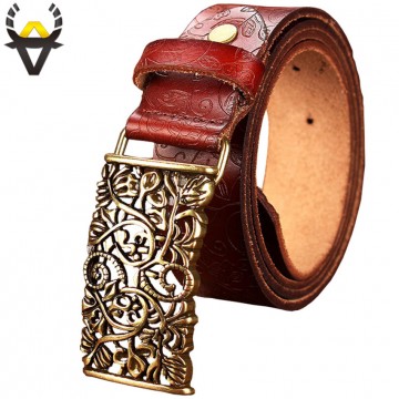 New Fashion Cow Genuine leather belt woman Vintage floral metal buckle Wide belts for women Top quality strap for female jeans32378077867