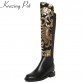 Krazing Pot Womens Genuine Leather Knee High Boots Warm Plush Interior Thick Low Heel Casual Winter Fashion Boots