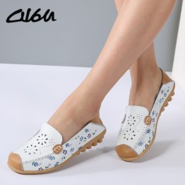 O16U Womens Genuine Leather Slip On Flats Cut Out Floral Print Moccasins White Casual Summer Shoes 