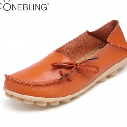 ONEBLING Womens Spring Genuine Leather Shoes Soft Lace Up Fashion Flats Non Slip Casual Outdoor Moccasins Plus Sizes 35-44 