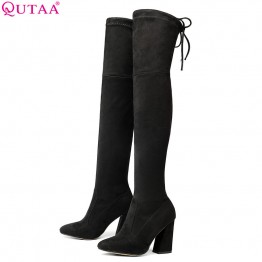QUTAA Womens PU Leather Over The Knee Boots Sexy Lace Up Hoof Heels Warm Winter Footwear Sizes 34-43