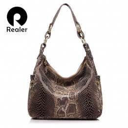 REALER Womens Genuine Leather Purse Classic Snakeskin Print Ladies Shoulder Bag