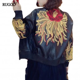 RUGOD 2018 Womens Casual Slim Leather Jacket Floral Embroidery Short Bomber Style Spring Autumn Fashion