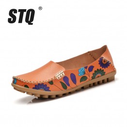 STQ Spring Womens Genuine Leather Shoes Slip On Ballet Flats Print Loafer Moccasins 