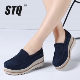 STQ 2018 Spring Womens Genuine Suede Leather Platform Sneakers Slip On Loafer Shoes