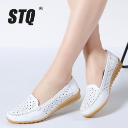 STQ 2018 Spring Womens Genuine Leather Shoes Slip On  Loafer Flats