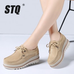 STQ 2018 Spring Womens Leather Suede Sneakers Thick Soled Platforms Casual Lace Up Shoes