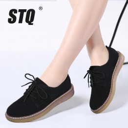STQ 2018 Spring Womens Suede Leather Oxford Flats Lace up Boat Shoes Round Toe Moccasins