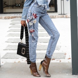 Simplee Womens Casual High Waist Jeans Fashion Floral Embroidery Female Denim Pants 