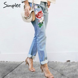 Simplee Womens Embroidered Floral Jeans Straight Style Mid Waist Zipper Fly Casual Denim Pants 