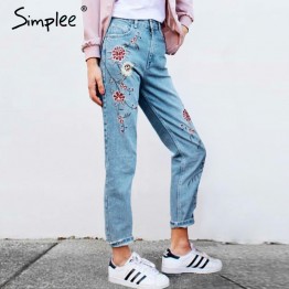 Simplee Vintage Flower Embroidery Jeans Mid Waist Straight Fit Casual Ankle Length Pants