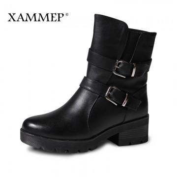 XAMMEP Women Winter Shoes Women Genuine Leather Natural Wool Boots Brand Women Shoes High Quality Mid Calf Boots With Platform32820196084