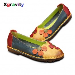 Xgravity Womens Genuine Leather Shoes Round Toe Mixed Colour Flats Vintage Flower Design Spring Summer Autumn Fashion Loafers