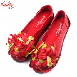 Xiuteng New Handmade Genuine Leather Shoes Womens Retro Soft Bottom Ballet Flats National Wind Flowers