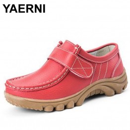 YAERNI Womens Genuine Leather Shoes Casual Soft Loafers Solid Low Heel Moccasins