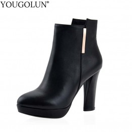 YOUGOLUN Womens Genuine Leather Ankle Boots Thick 10.5 cm High Heel Round Toe Spring Autumn Footwear