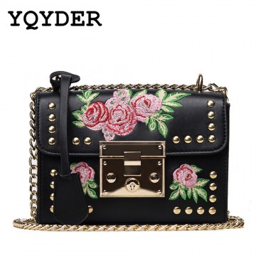 YQYDER Women Embroidery Flower Flap Bag Designer PU Leather Fashion Rivet Messenger Bags Feminina Ladies Small Shoulder Bag Sac32814301768