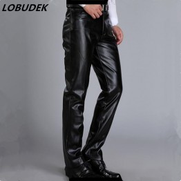 LOBUDEK Black Faux Leather Skinny Pants Motorcycle Style Mid Waist Straight Cut 